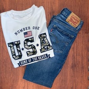 Levi’s jeans and boys USA sport shirt bundle.